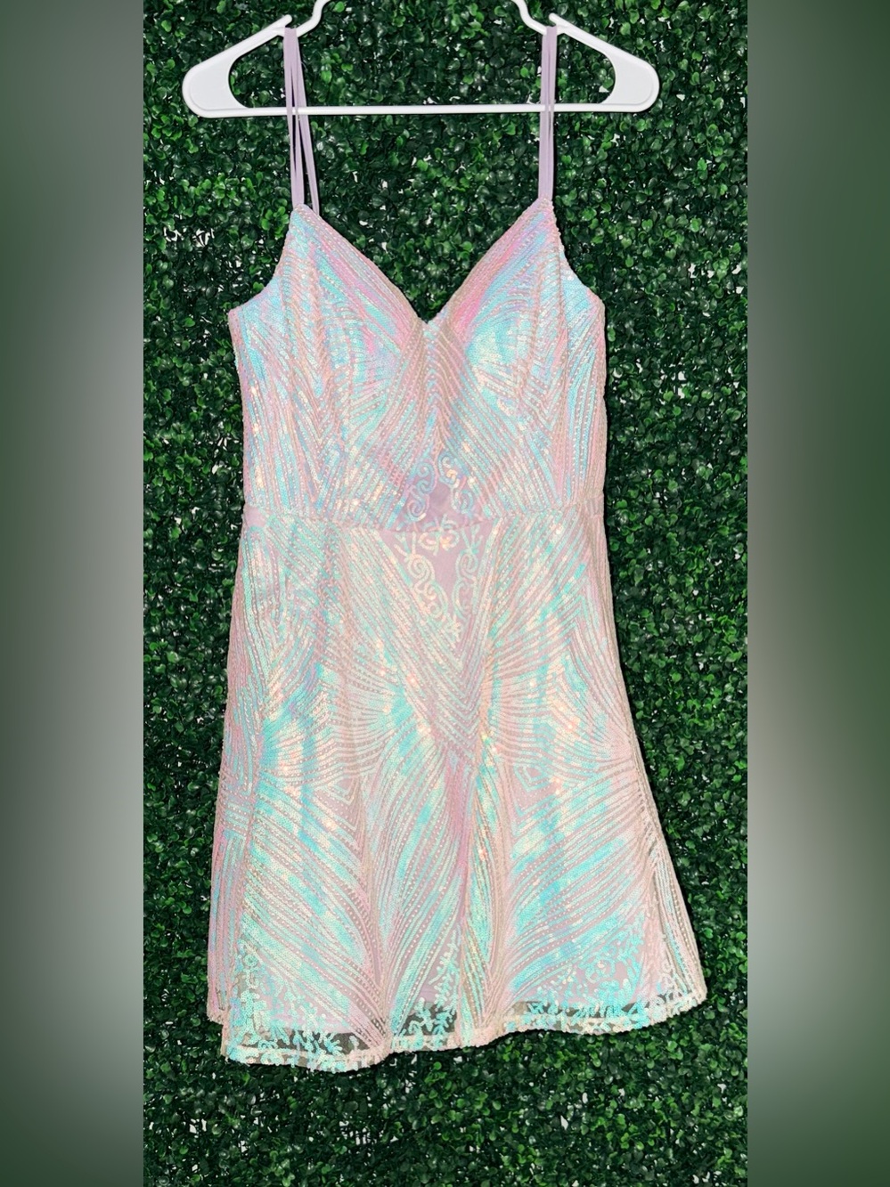City Triangles Iridescent Pink & Aqua Spaghetti-Strap Prom Dress